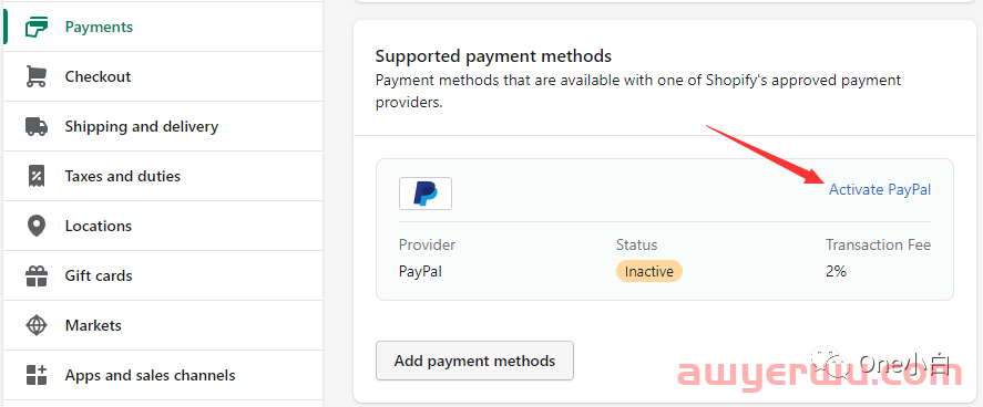 如何在 Shopify 后台启用 PayPal 收款？